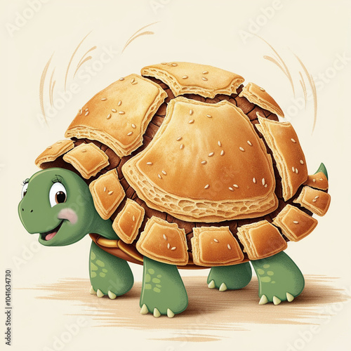 A whimsical illustration of a turtle with a crispy, golden-brown biscuit as its shell, delicately cracked and flaking at the edges, with a sweet, buttery aroma wafting from the cracks photo