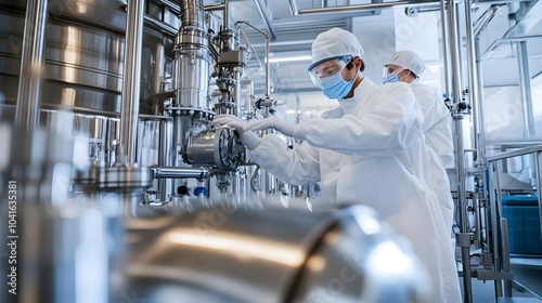 Workers in Clean Suits Handling Sustainable Materials at Biofuel Production Facility photo