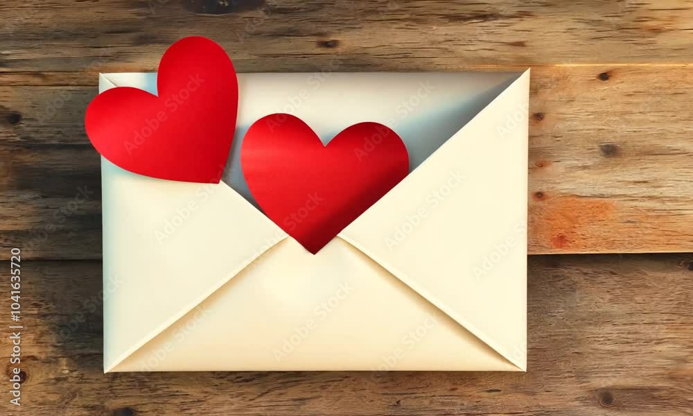 An envelope with red hearts peeking out, placed on a rustic wooden surface, symbolizing love and affection. An envelope with red hearts peeking out, placed on a rustic wooden surface, symbolizing love and affection.