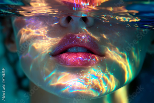 Underwater portrait of a woman with prismatic color separated light on her face. 