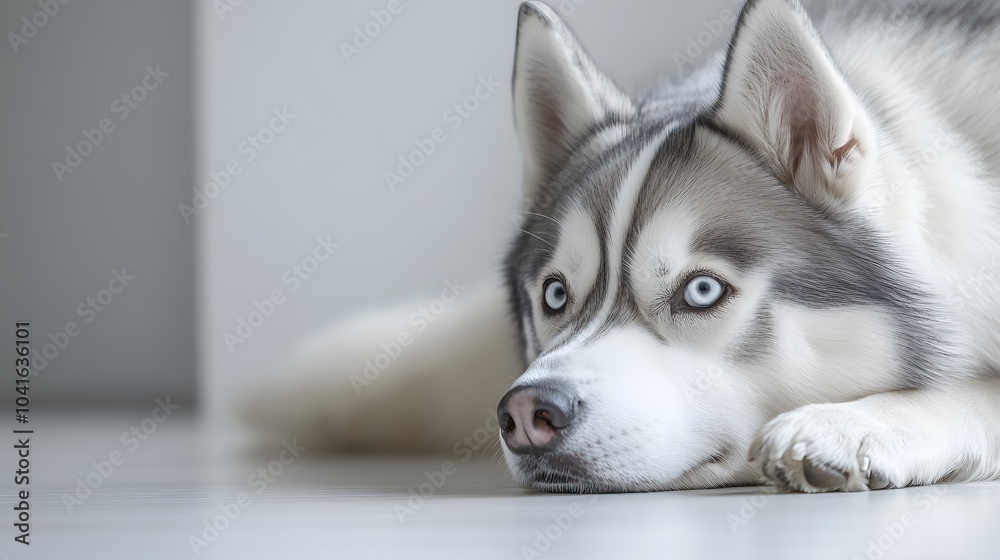 Husky dog lying on a white floor in a close-up portrait with soulful eyes and fluffy fur, captured in an indoor setting with soft lighting and a neutral background emphasizing companionship. Husky dog lying on a white floor in a close-up portrait with soulful eyes and fluffy fur, captured in an indoor setting with soft lighting and a neutral background emphasizing companionship.
