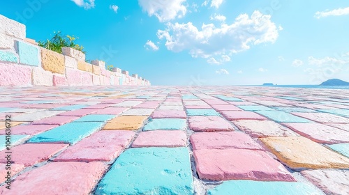 Pastel Cobblestone Serenity, a smooth floor adorned with vibrant pastel colors, creating a calming atmosphere that invites tranquility and charm to any space. photo