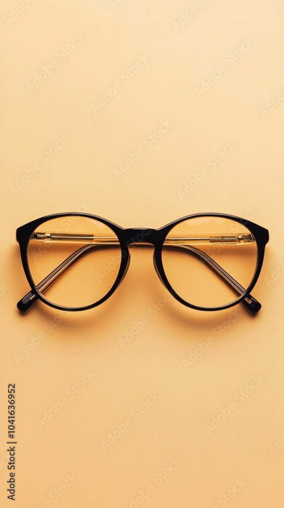 Stylish round eyeglasses with black frames and gold temples on a warm beige background, showcasing modern optical fashion and minimalist design. Stylish round eyeglasses with black frames and gold temples on a warm beige background, showcasing modern optical fashion and minimalist design.