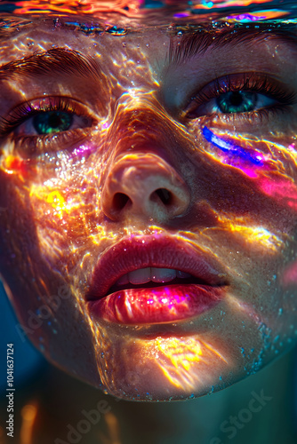 Underwater portrait of a woman with prismatic color separated light on her face. 