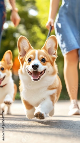 A playful corgi dashes along a sunny park path, accompanied by a woman in a blue dress enjoying a leisurely walk