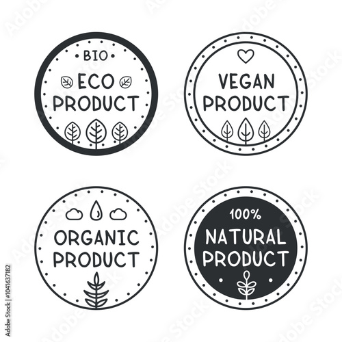 Eco, vegan, organic and 100% natural products sticker, label, badge and logo. Black and white ecology icon