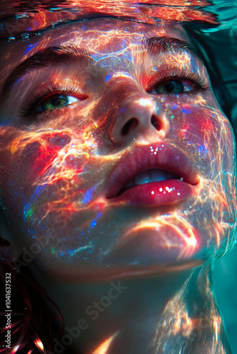 Underwater portrait of a woman with prismatic color separated light on her face. 