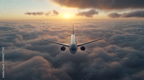 Majestic Airplane Silhouette Gliding Above Ethereal Clouds at Sunset