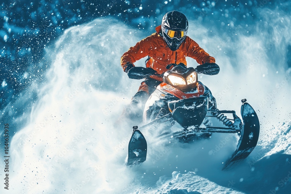 Naklejka premium Snowmobile rider speeds through snow. This photo is perfect for showcasing the thrill and excitement of snowmobiling.