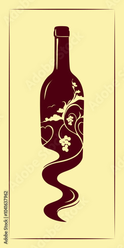 A silhouette of wine bottle with abstract drawing of vineyard and grapes