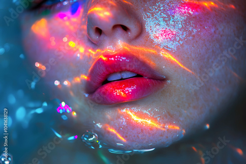 Underwater portrait of a woman with prismatic color separated light on her face. 
