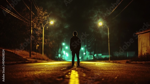 A man is standing on a street in the rain. The street is wet and the man is wearing a black jacket