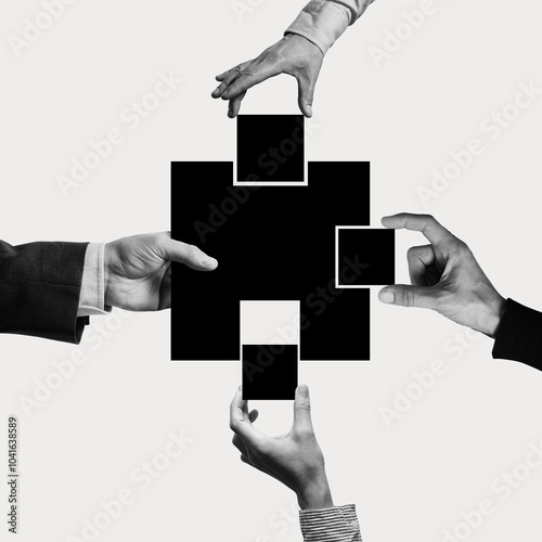 A large company buys up small ones. Art collage.