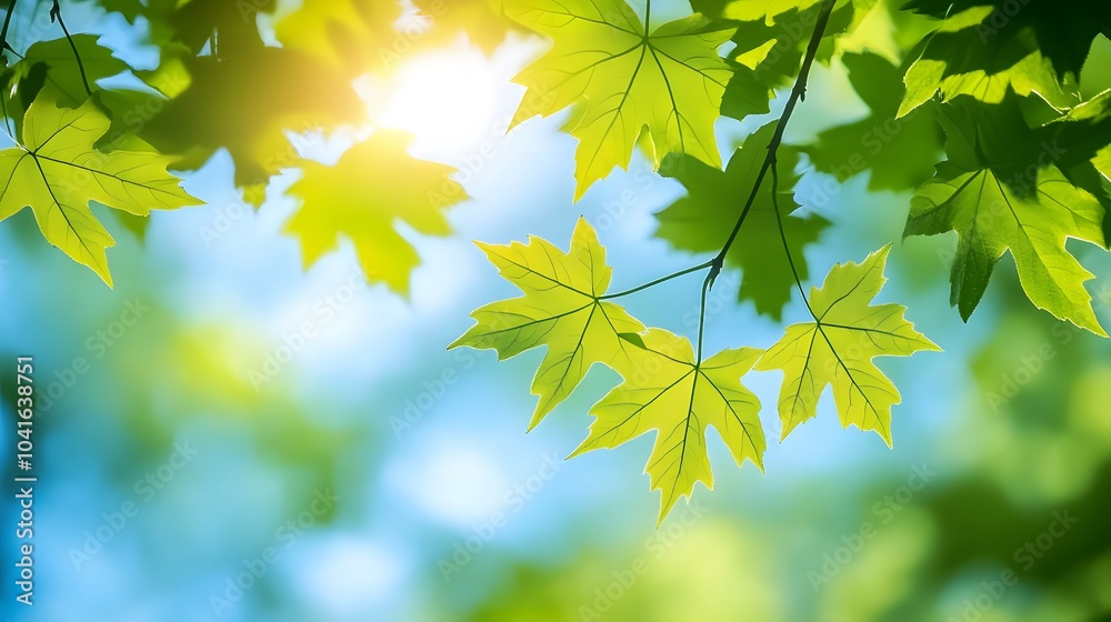 Maple tree branch with fresh green leaves under bright sunlight against a blue sky, capturing vibrant nature in a soft focus and shallow depth of field for a tranquil outdoor setting. Maple tree branch with fresh green leaves under bright sunlight against a blue sky, capturing vibrant nature in a soft focus and shallow depth of field for a tranquil outdoor setting.