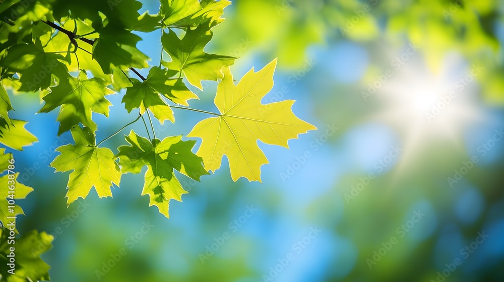 Maple tree branch with fresh green leaves under bright sunlight against a blue sky, capturing vibrant nature in a soft focus and shallow depth of field for a tranquil outdoor setting. Maple tree branch with fresh green leaves under bright sunlight against a blue sky, capturing vibrant nature in a soft focus and shallow depth of field for a tranquil outdoor setting.