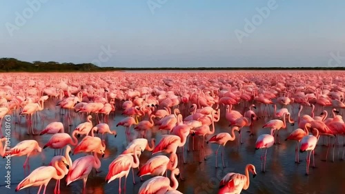 Flock of Flamingos in a Shallow Lake – Aerial view of a large group of pink flamingos wading in a shallow lake