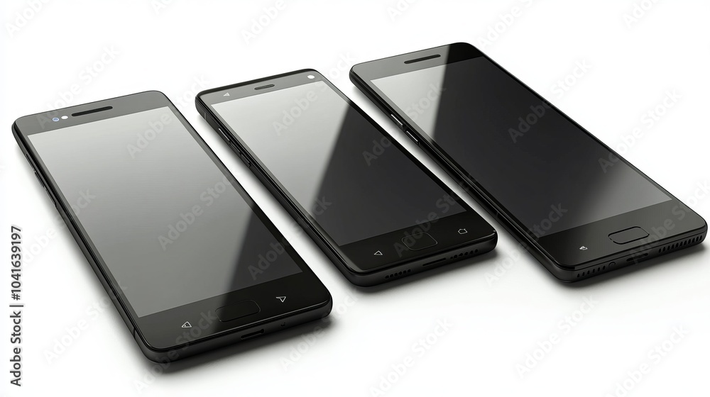 Generate a set of three realistic smartphone mockups, each showing a mobile phone vector from different angles (front, side, and back) on a clean white background, with realistic shadows Generate a set of three realistic smartphone mockups, each showing a mobile phone vector from different angles (front, side, and back) on a clean white background, with realistic shadows