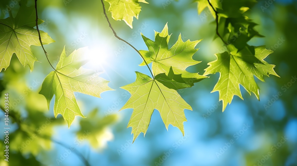 Maple tree branch with fresh green leaves under bright sunlight against a blue sky, capturing vibrant nature in a soft focus and shallow depth of field for a tranquil outdoor setting. Maple tree branch with fresh green leaves under bright sunlight against a blue sky, capturing vibrant nature in a soft focus and shallow depth of field for a tranquil outdoor setting.