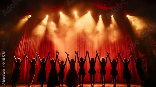 A group of actors taking a final bow on stage in front of a red curtain during a live performance.
