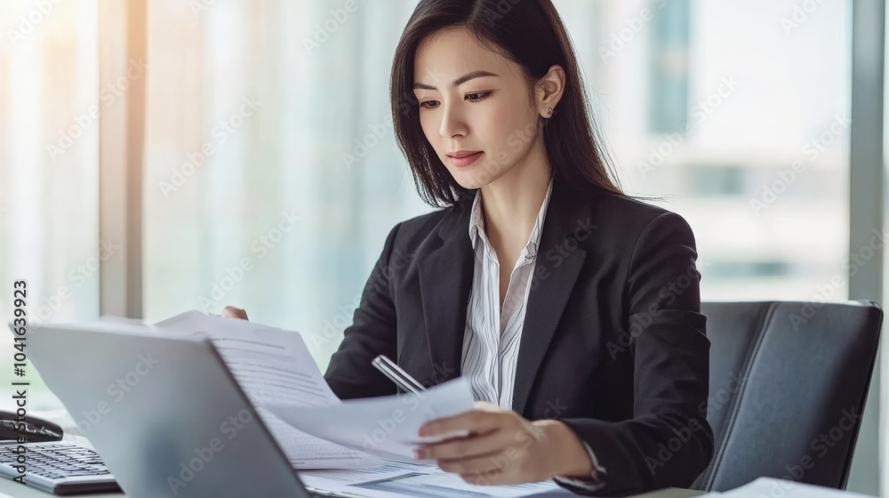 Professional woman reviewing documents at her desk, confidently preparing for an important presentation.