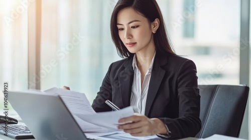 Professional woman reviewing documents at her desk, confidently preparing for an important presentation.