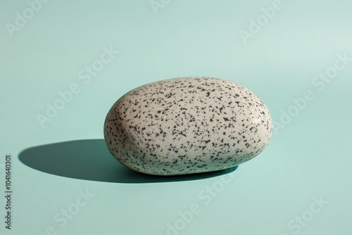 A large, speckled stone rests on a blue surface. Perfect for minimalist design, product mockups, or wellness themes.