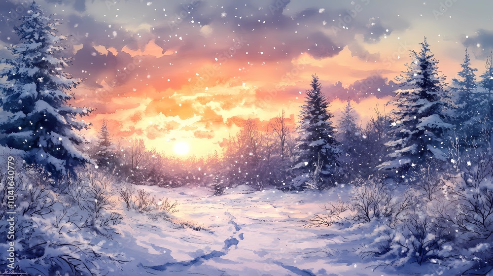 Beautiful winter landscape at sunset with snow-covered trees Beautiful winter landscape at sunset with snow-covered trees