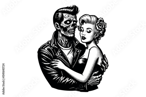 Rockabilly psychobilly love couple. Beautiful woman and zombie man. Vintage vector retro black and white illustration, print, tattoo. Round emblem, sketch.