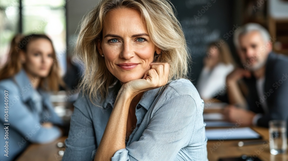 Woman sitting confidently at the head of a conference table, reviewing project updates with her colleagues.