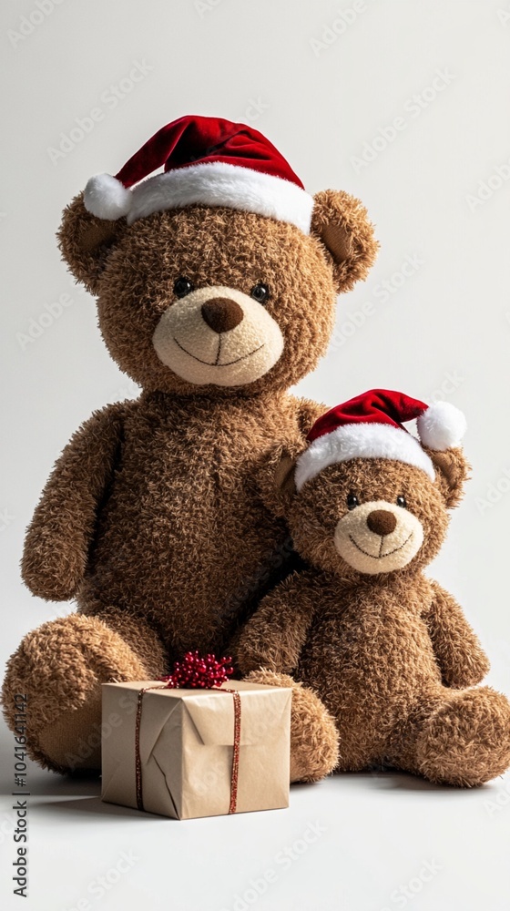 Festive teddy bears wearing Santa hats sit side by side, the larger one embracing a small wrapped gift, creating a heartwarming holiday scene against a white backdrop. Festive teddy bears wearing Santa hats sit side by side, the larger one embracing a small wrapped gift, creating a heartwarming holiday scene against a white backdrop.