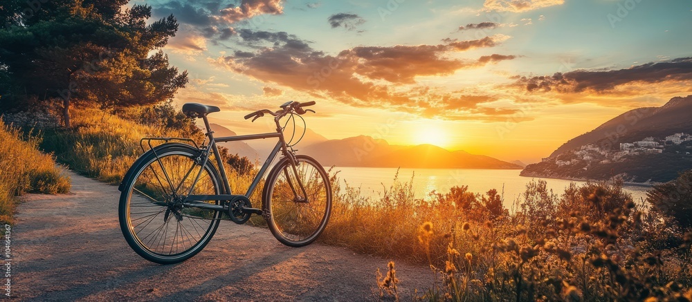 Fototapeta premium Bicycle parked on a hill overlooking a beautiful sunset over a bay.