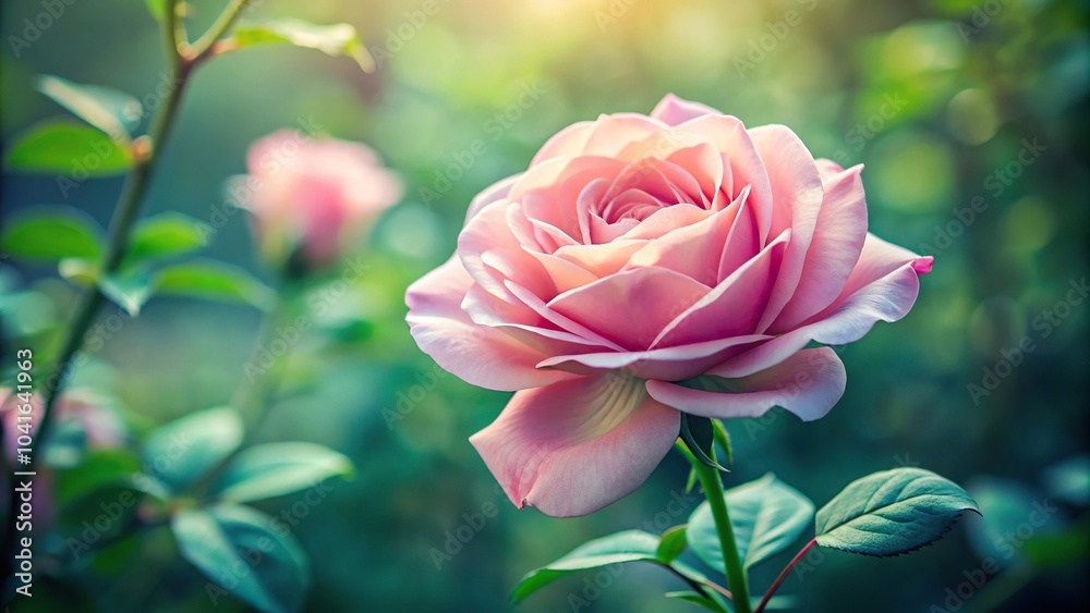 Delicate pink rose with soft petals and green stem in a garden setting, floral, plant, blossoms Delicate pink rose with soft petals and green stem in a garden setting, floral, plant, blossoms