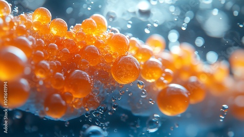 Close-up of orange caviar floating in water with bubbles.