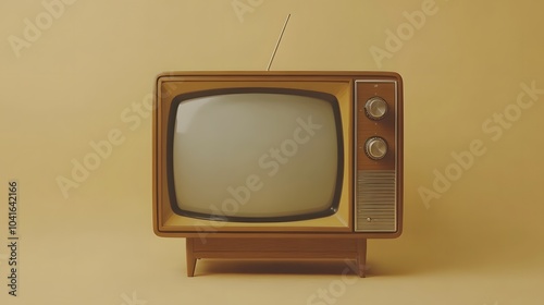 Retro television set from the 1970s styled with wooden cabinet and analog features, set against a beige background in a clean, nostalgic mid-century modern presentation.