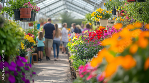 Wallpaper Mural Garden centers bustling with customers, browsing through rows of vibrant flowers and potted plants in a greenhouse setting Torontodigital.ca