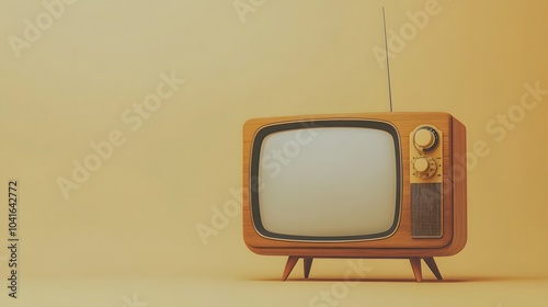 Retro television set from the 1970s styled with wooden cabinet and analog features, set against a beige background in a clean, nostalgic mid-century modern presentation. photo