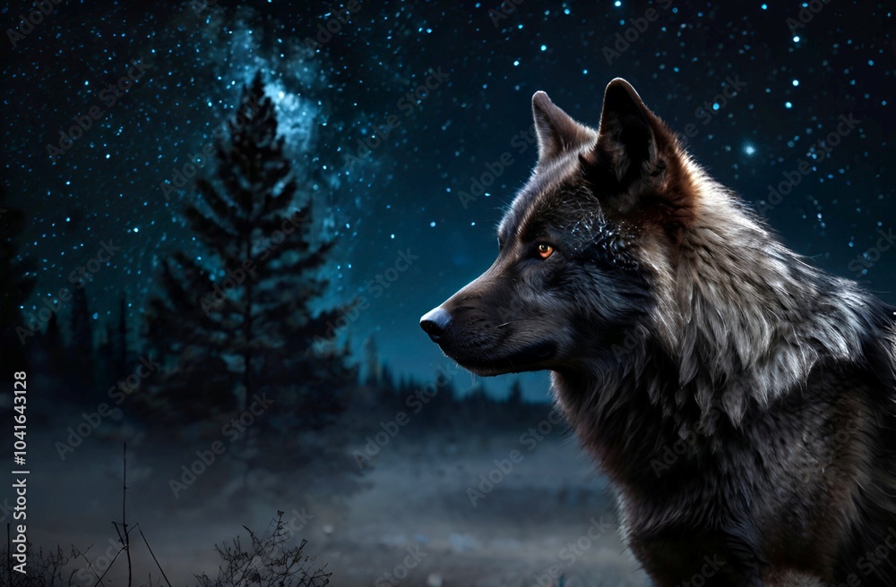 Solitary black wolf's face, illuminated by the moon, gazes into the darkness. A symbol of mystery, power, and the wild untamed spirit. Solitary black wolf's face, illuminated by the moon, gazes into the darkness. A symbol of mystery, power, and the wild untamed spirit.