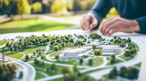 Landscape architects planning a park design, using sketches and models to create a beautiful green space for the community