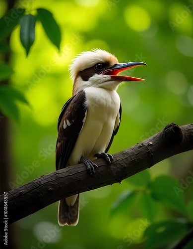 A bird with a white head and brown stripe sits on a branch with green foliage in the background.  photo