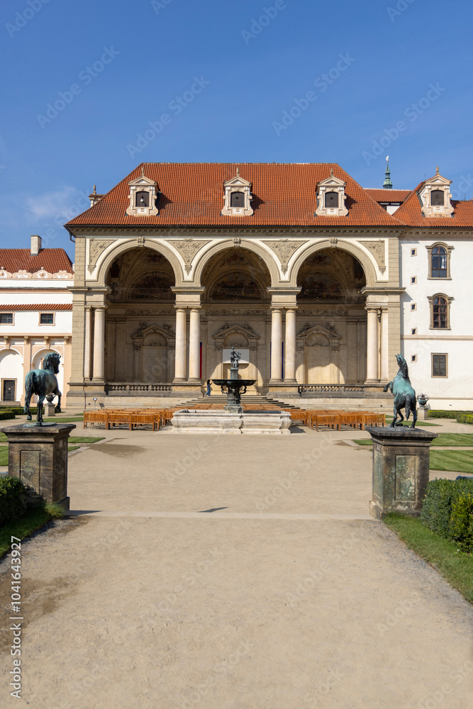 Wallenstein Garden with art statues in front of Wallenstein Palace (Valdstejnska Zahrada), Prague, Czech Republic