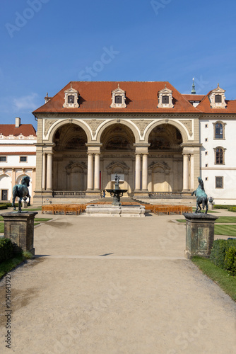 Wallenstein Garden with art statues in front of Wallenstein Palace (Valdstejnska Zahrada), Prague, Czech Republic photo