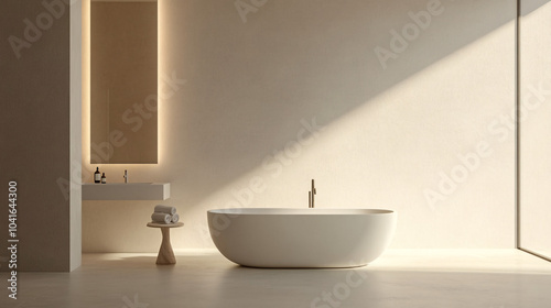 Minimalist bathroom with a white freestanding tub, large mirror, and subtle recessed lighting creating a spa-like atmosphere photo