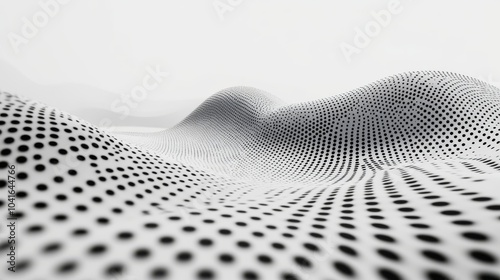 A swirling curve of black dots flowing against a white background, symbolizing technology, science, and music in a modern concept. 