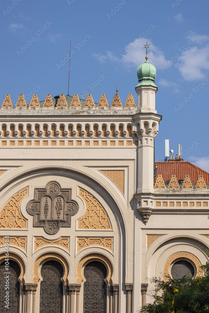 Facade of Spanish Synagogue, tablet with the ten commandments, Prague, Czech Republic
