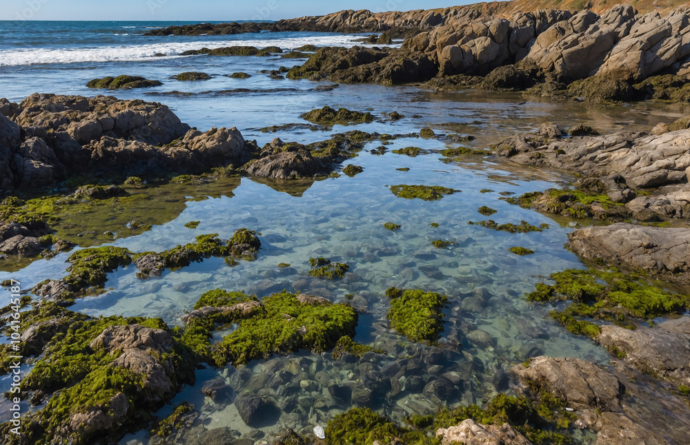 Rocky beach with tide pools filled with seaweed and small crabs
