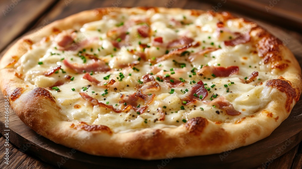 A pizza with ham and onions on top. It is sitting on a wooden board. The pizza is cut into slices A pizza with ham and onions on top. It is sitting on a wooden board. The pizza is cut into slices