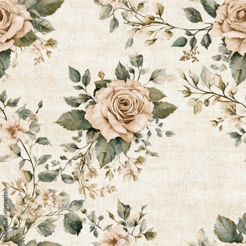 Vintage Rose and Ivy wreath on vintage beige fabric background, seamless repeating pattern, textile print style, minimal, romantic floral and foliage design, home decor, textiles