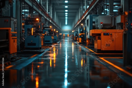 Many machines in a factory with lights on