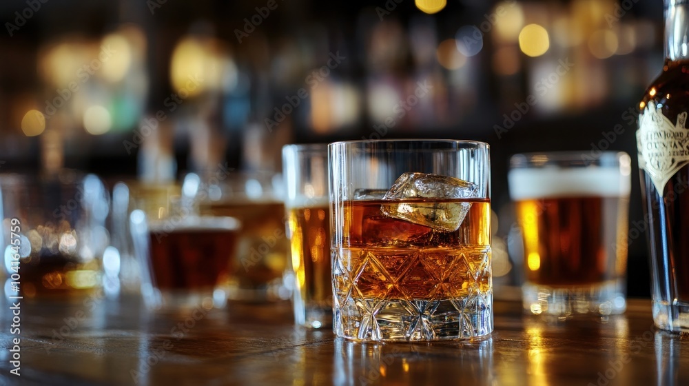 A glass of liquor with ice in it sits on a bar. There are several other glasses of liquor on the bar as well A glass of liquor with ice in it sits on a bar. There are several other glasses of liquor on the bar as well