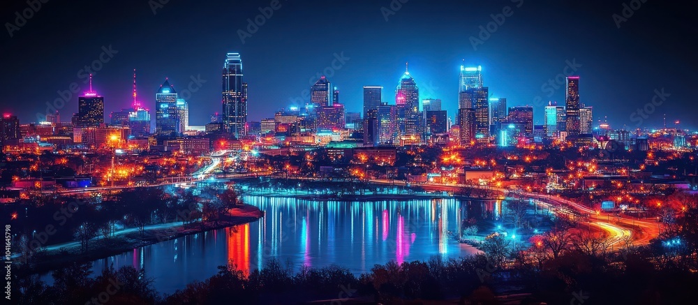 Fototapeta premium Night cityscape with colorful lights reflecting on water.